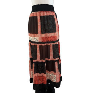 Langer Skirt sz Medium Dark Red Black Tiered Boho Lace Long Maxi Peasant Modest
